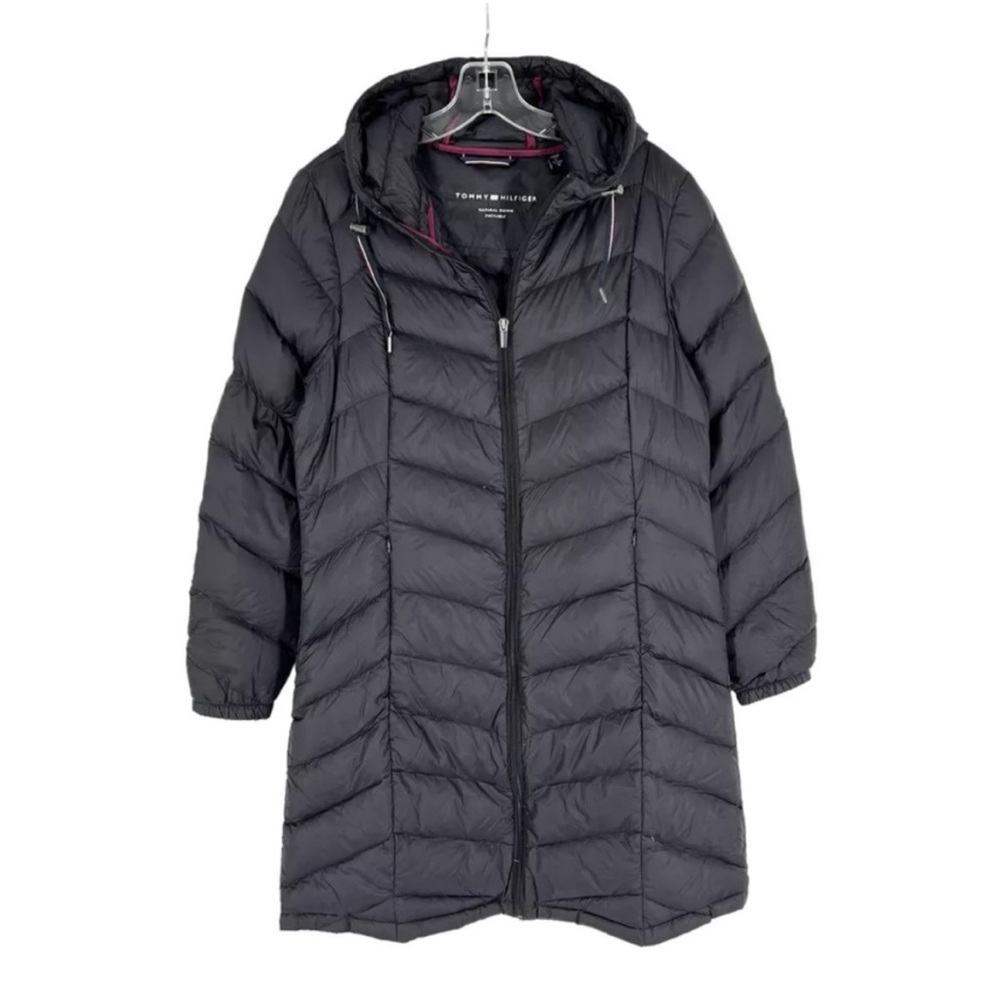 Tommy Hilfiger Down Puffer Coat Womens Size Large Black Hooded Long Packable